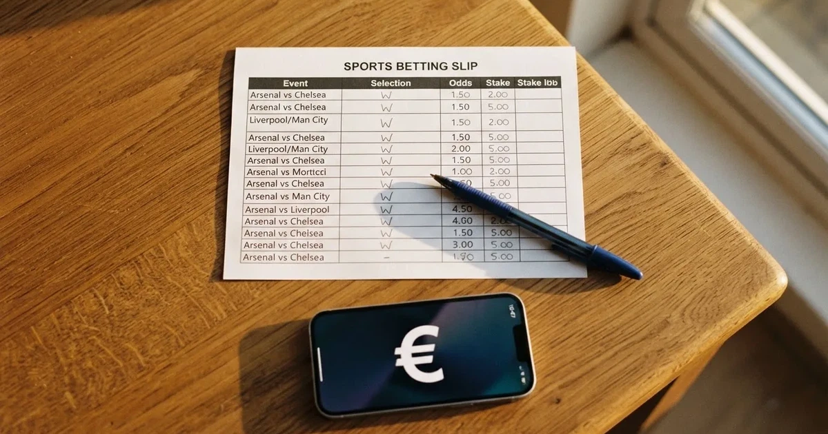 Ein leerer Papier-Wettschein und ein Kugelschreiber liegen auf einem Tisch, daneben ein kleiner Stapel Münzen.