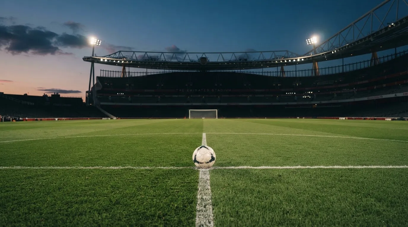 Ein Fußball liegt auf dem Rasen eines leeren Platzes, im Hintergrund ein Stadion unter Flutlicht in der Abenddämmerung.