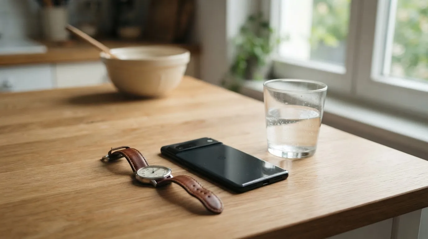 Ein Smartphone liegt mit dem Display nach unten auf einem Küchentisch, daneben stehen ein Glas Wasser und eine Armbanduhr.