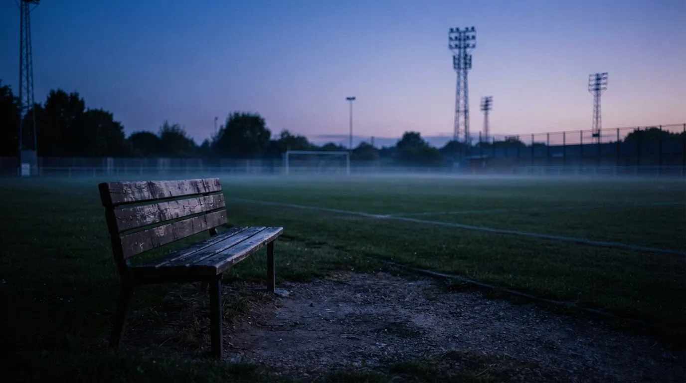 Eine leere Parkbank am Rand eines Fußballfelds in der Abenddämmerung, im Hintergrund ragen dunkle Flutlichtmasten in den Himmel.