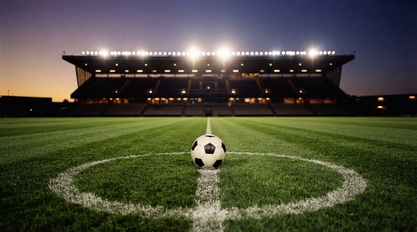 Ein Fußball liegt auf dem Anstoßpunkt eines leeren Rasenplatzes, im Hintergrund steht ein Stadion unter Flutlicht in der Dämmerung.