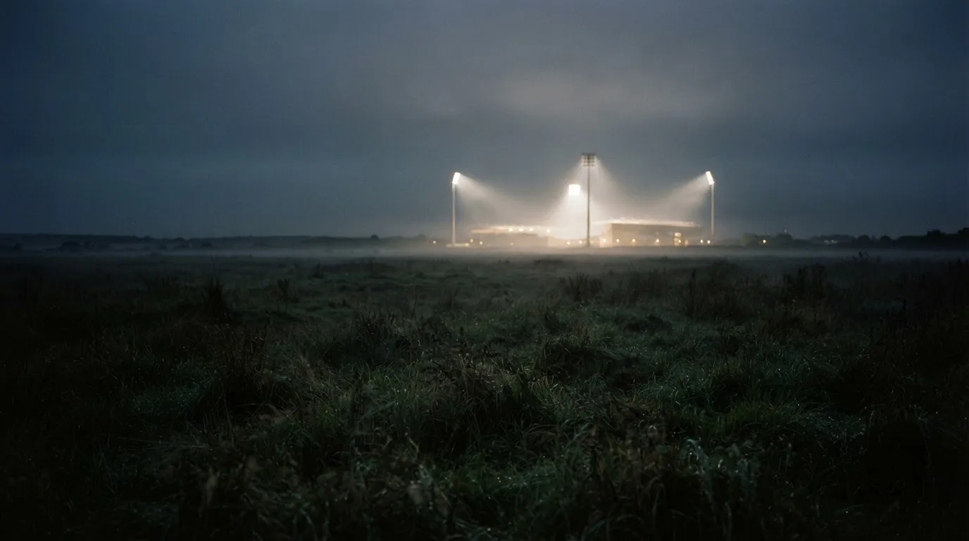 Ein Stadion unter Flutlicht, aus großer Entfernung über eine dunkle Wiese fotografiert, am Himmel zieht Nebel auf.