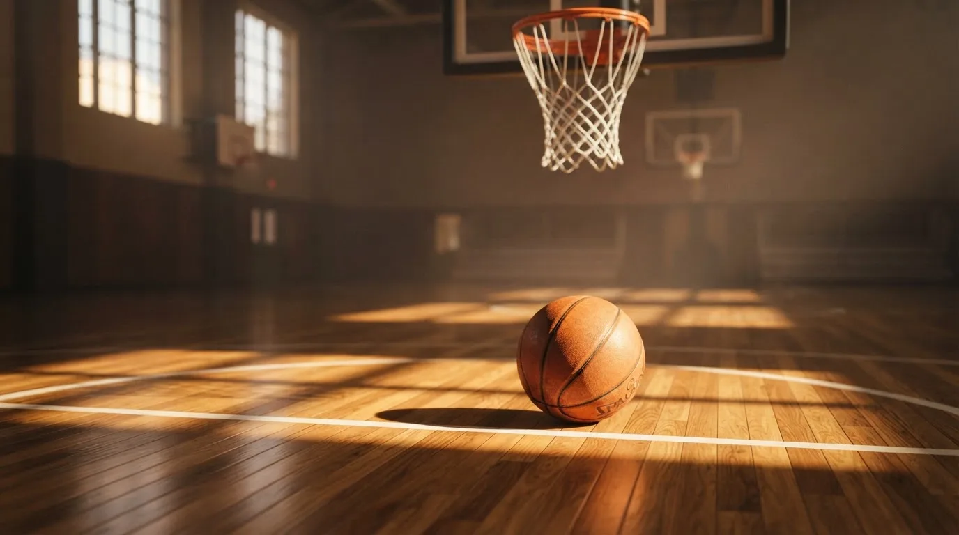 Ein Basketball liegt auf dem Hallenboden unter einem Korb, das Netz hängt ruhig, Morgenlicht fällt durch hohe Fenster.