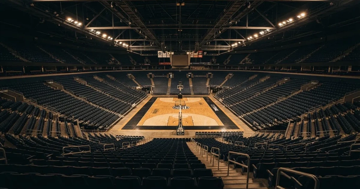 Eine leere Basketballhalle von einer oberen Tribünenreihe aus gesehen, Parkett und Körbe im Licht der Hallenstrahler.