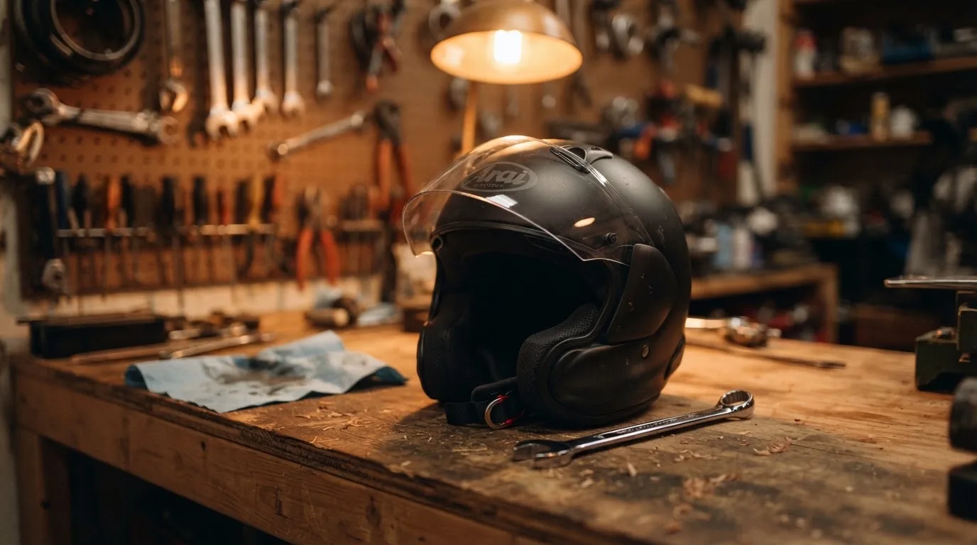 Ein schwarzer Motorradhelm ohne Aufdruck liegt auf einer Werkbank neben einem Schraubenschlüssel, warmes Licht einer Werkstatt.