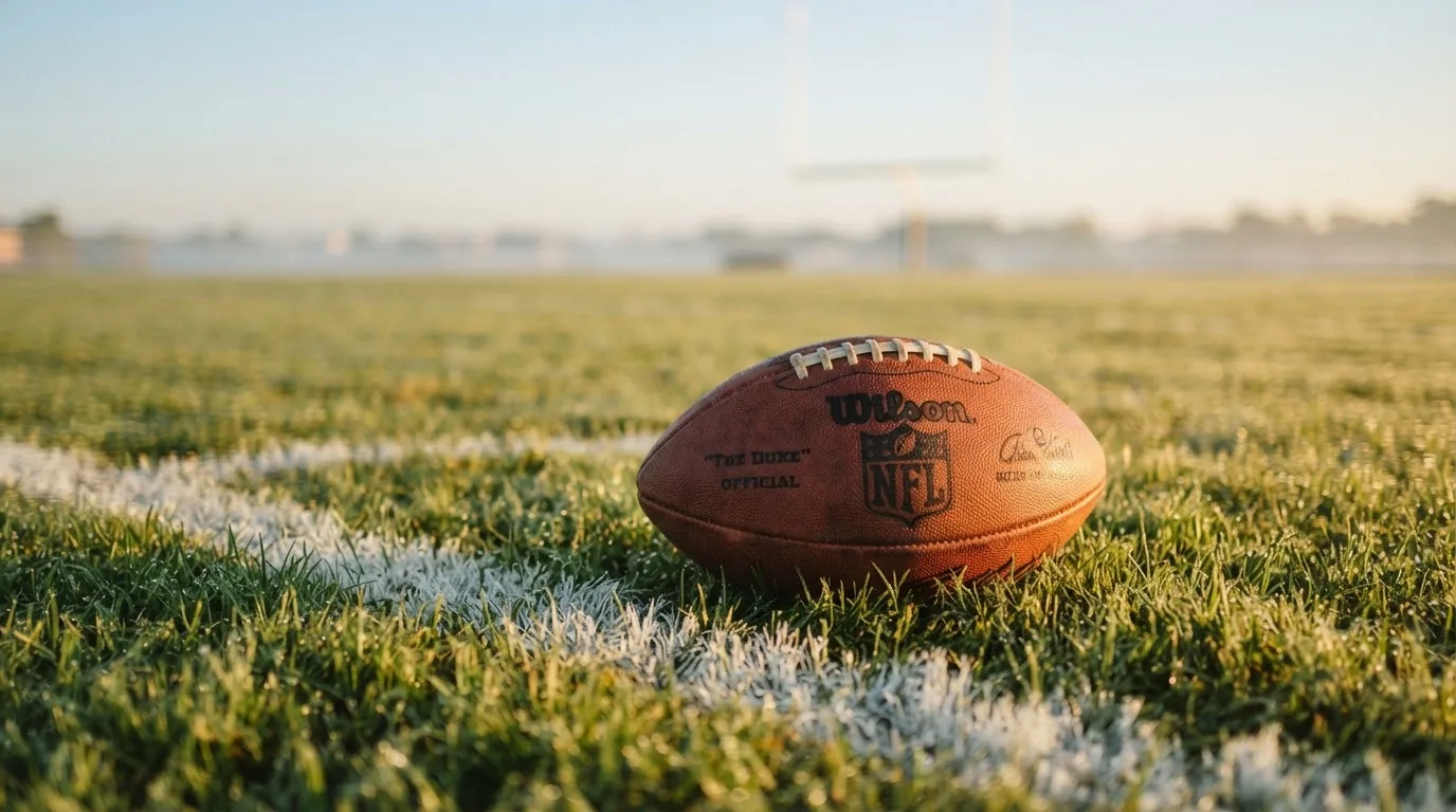 Ein ovaler Lederball mit heller Schnürung liegt auf dem Rasen vor der Endzone, Tau auf dem Gras im ersten Morgenlicht.