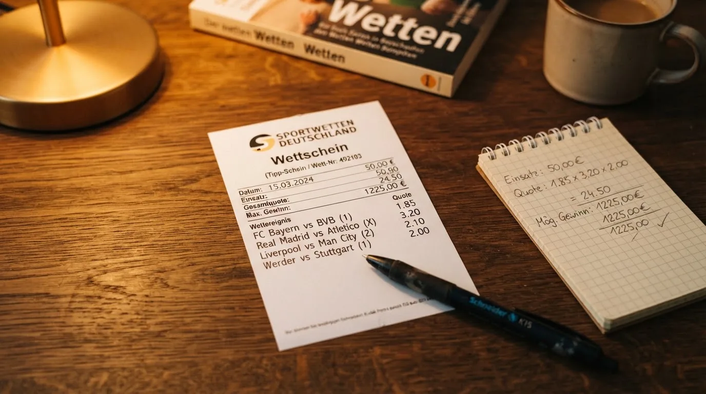 Ein leerer Papierwettschein, ein Kugelschreiber und ein Taschenrechner liegen auf einem Holztisch, warmes Licht einer Schreibtischlampe.