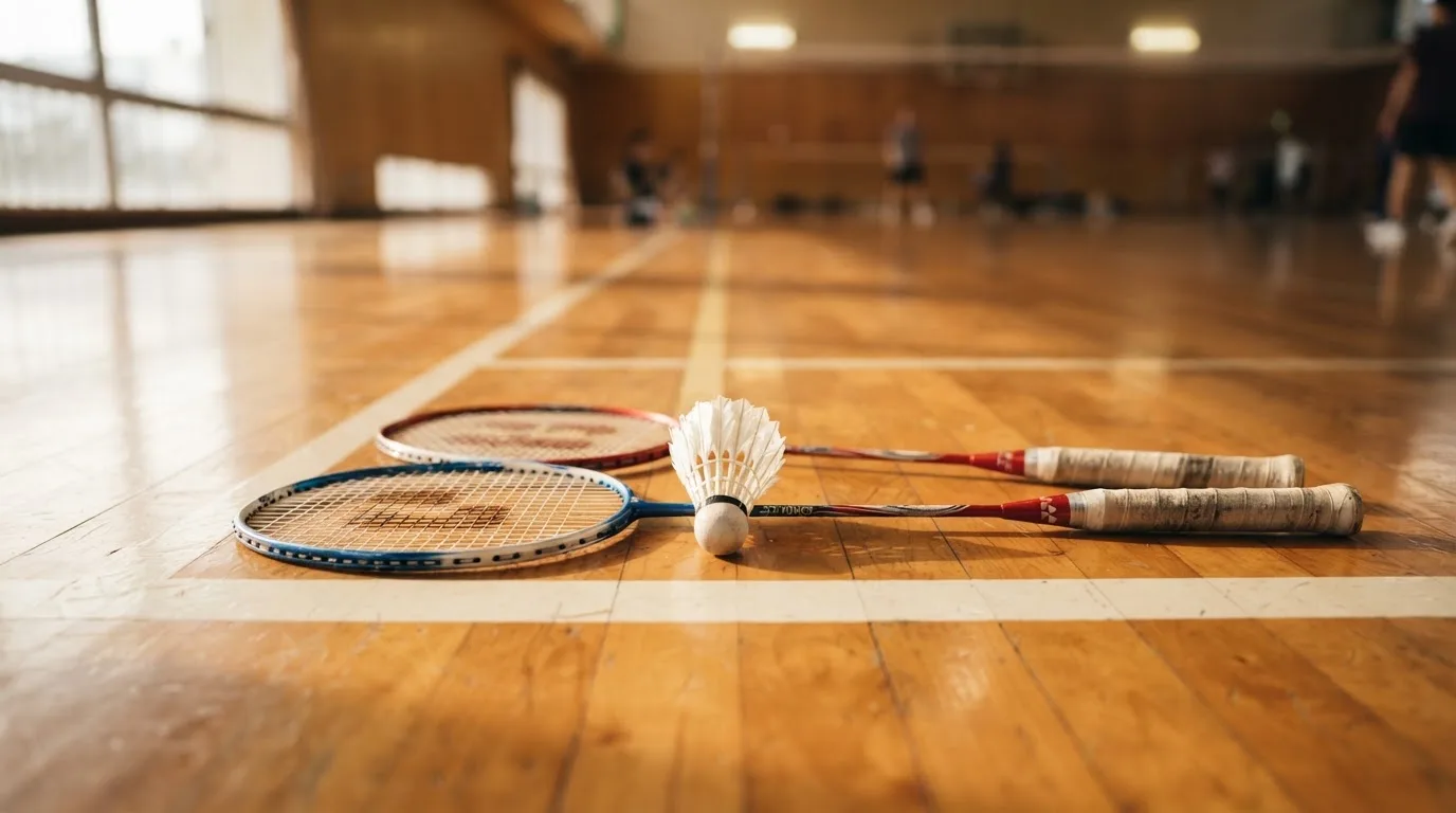 Zwei Badmintonschläger und ein Federball liegen auf einem Holzboden neben der Seitenlinie, weiches Licht fällt von der Seite ein.