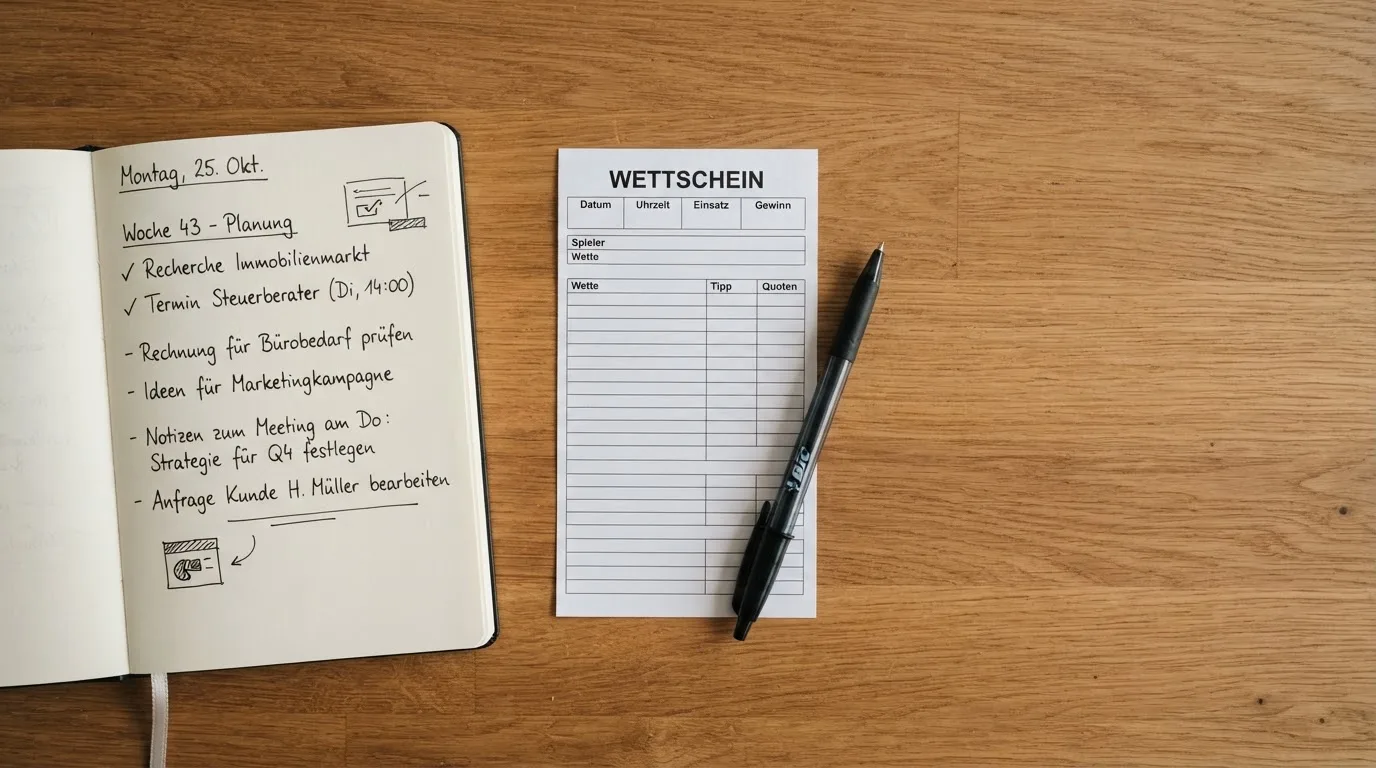 Ein leerer Papierwettschein und ein Kugelschreiber auf einer glatten Schreibtischplatte, daneben ein aufgeschlagenes Notizbuch mit handschriftlichen Notizen.